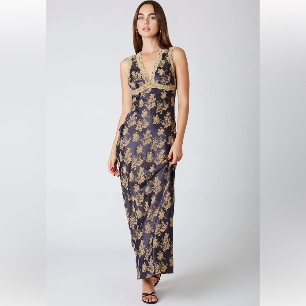 NWT Cotton Candy Floral Satin Lace Trim Maxi Dress